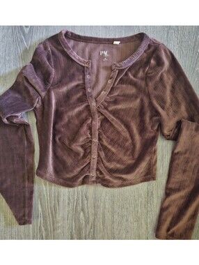 PAC Cares PacSun Brown Ribbed Corduroy Velour Snap Front Ruched Cardigan Top M